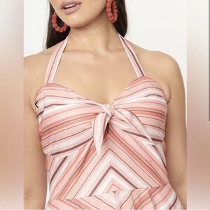 Unique Vintage NWT Coral & Peach Stripe Peplum Halter Top
